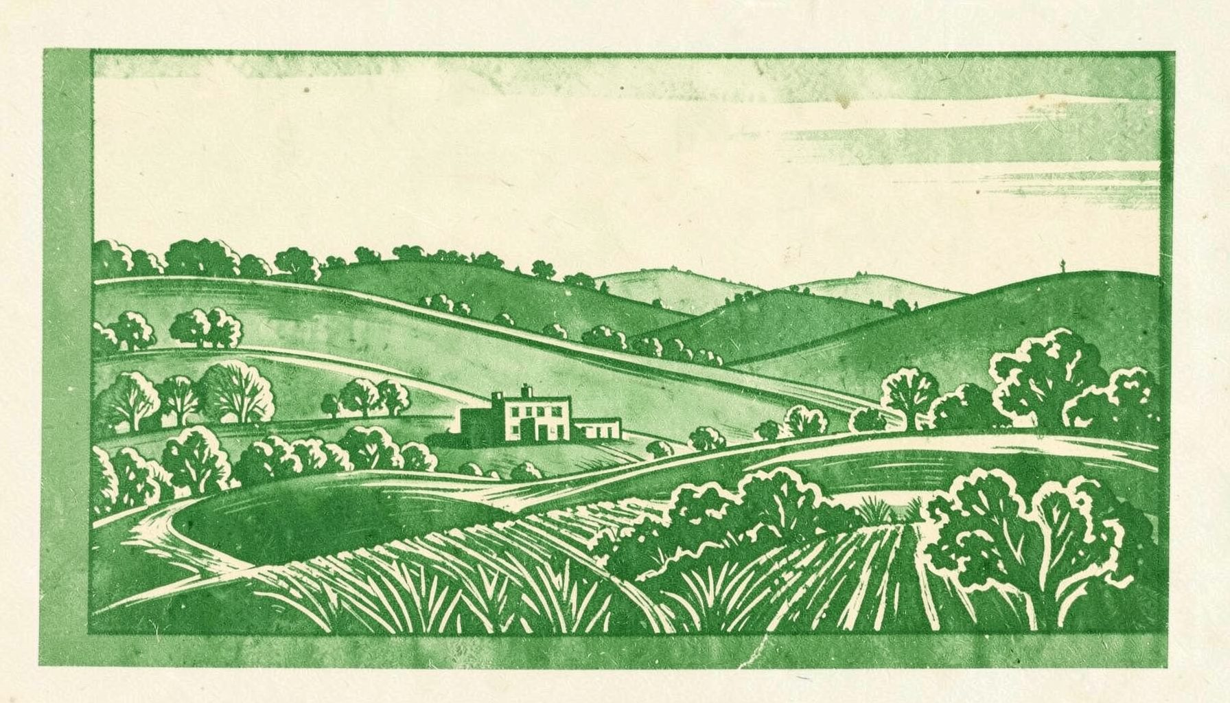 Carved linocut relief print of a gentle rolling Pennsylvania countryside skyline with scattered trees and a small town silhouette, in deep greens and golden browns.