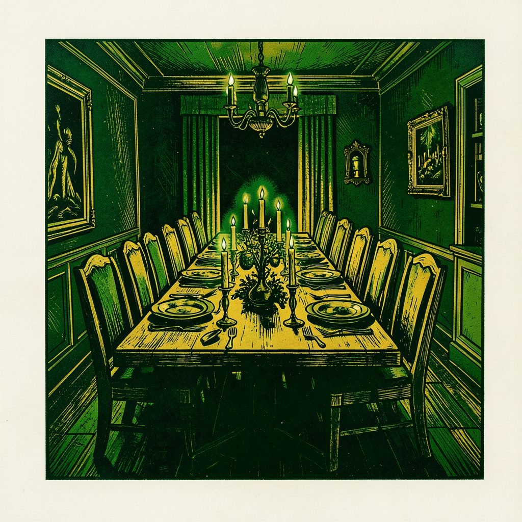 Carved linocut relief print of a warmly lit dining room with a long table set for a celebration and candles flickering, in deep burgundy and forest green.